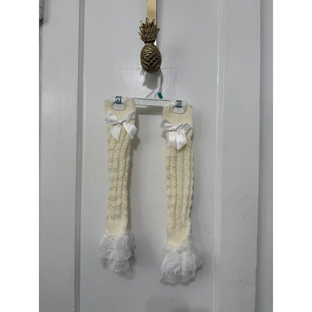 Cream Knit Leg Warmers with Lace Ruffle & Bow Details